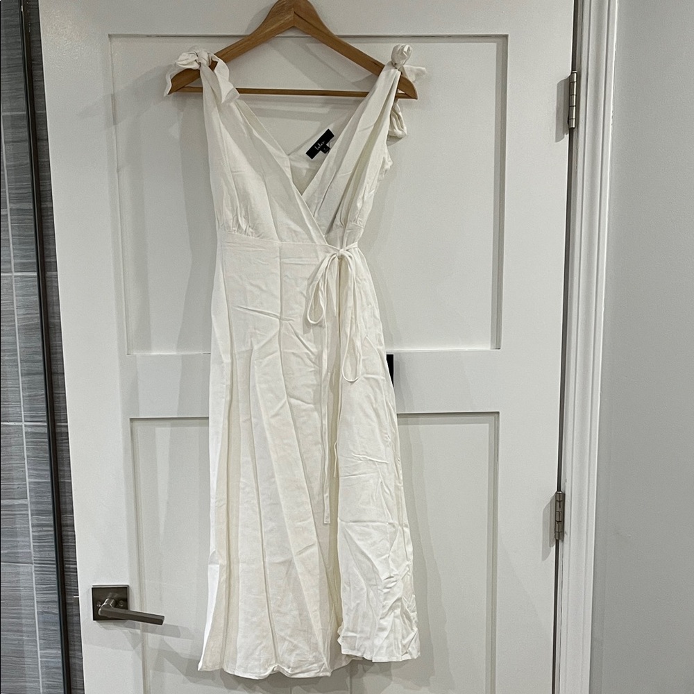 Lulu's Rayon and Linen Ivory Tie Shoulder Wrap Dress